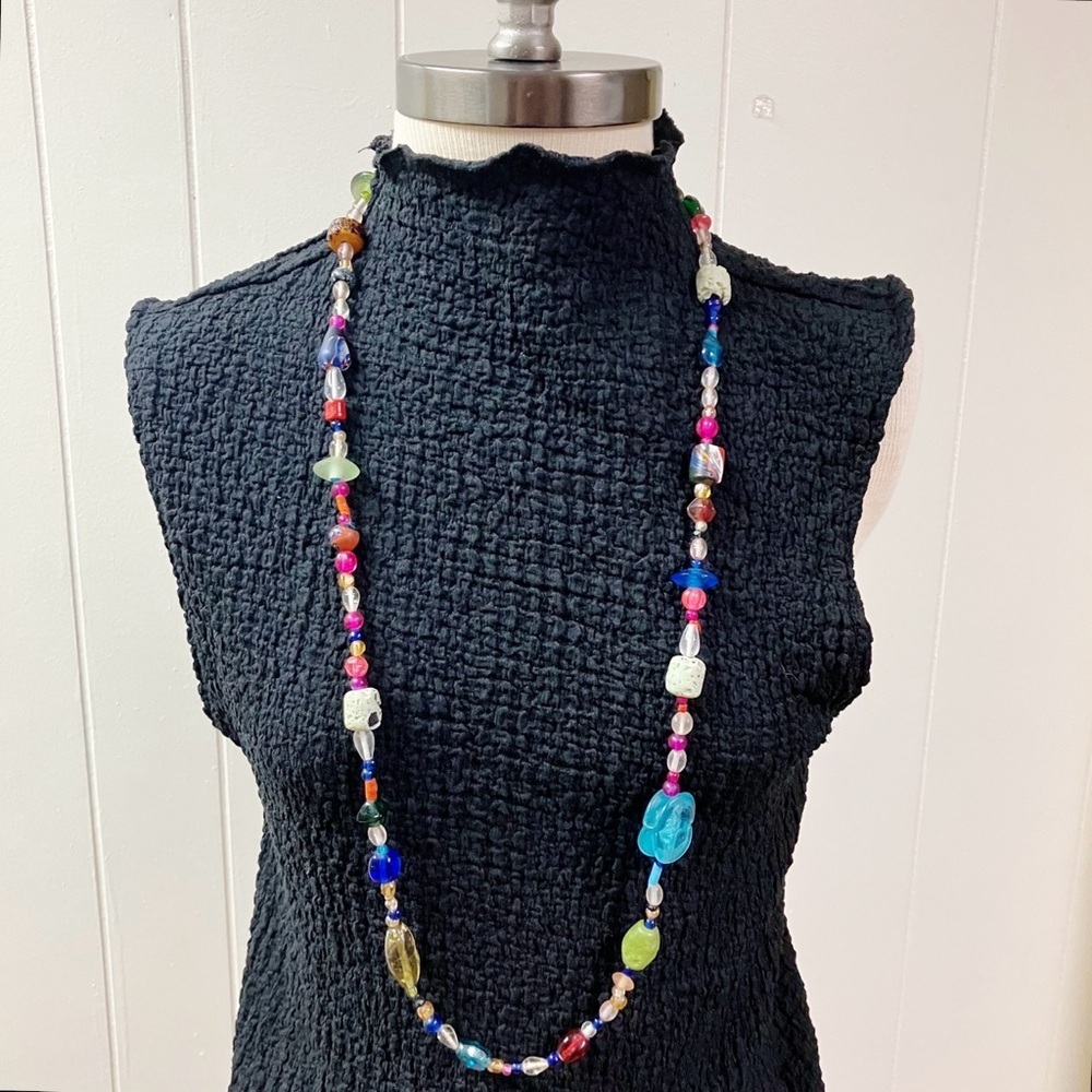 Vintage Y2k Boho Art Glass Beaded Mix 19” Necklace Strand Rainbow Confetti